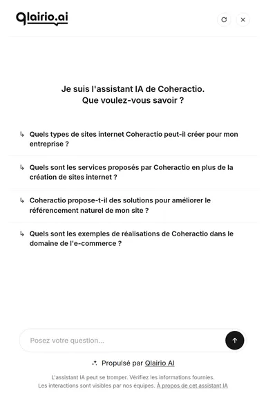 Le widget Qlairio.ai ouvert : question du visiteur, réponse sourcée et questions de relance